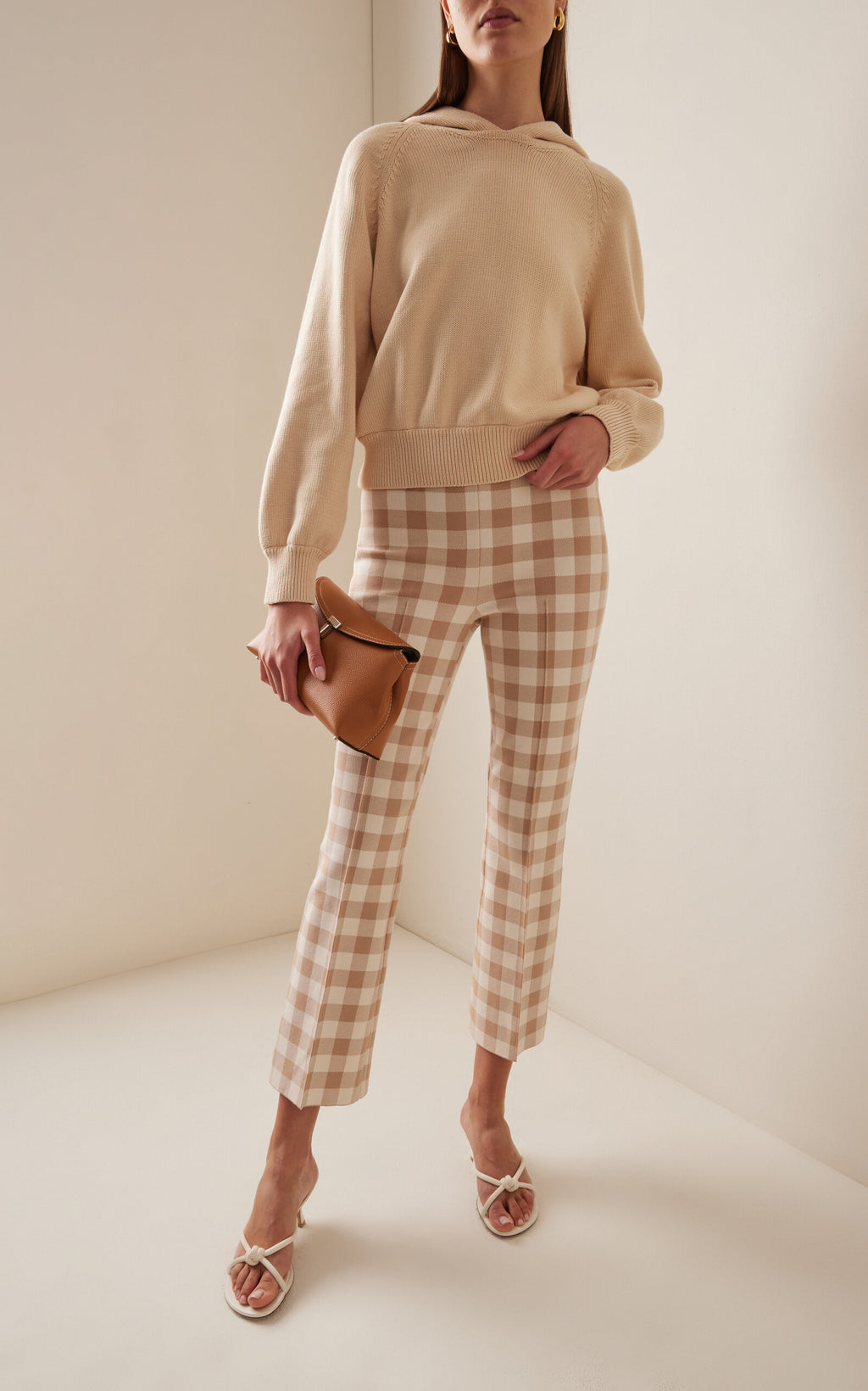 High Sport Kick Gingham Stretch-Cotton Knit Cropped Flared Pants