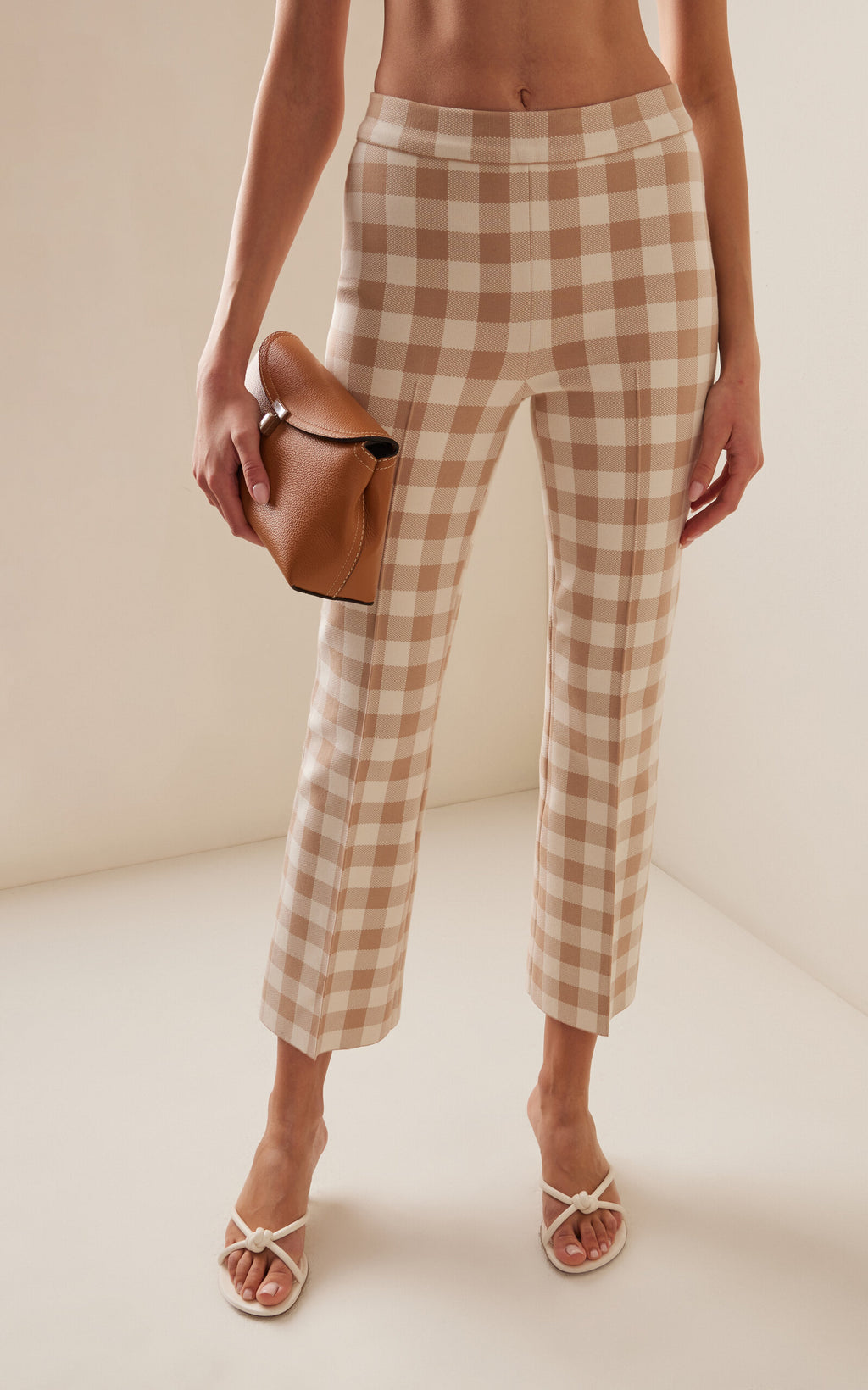 High Sport Kick Gingham Stretch-Cotton Knit Cropped Flared Pants