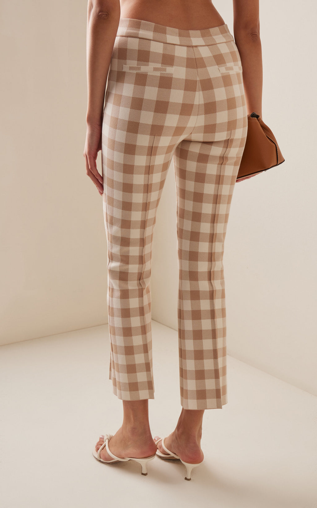 High Sport Kick Gingham Stretch-Cotton Knit Cropped Flared Pants