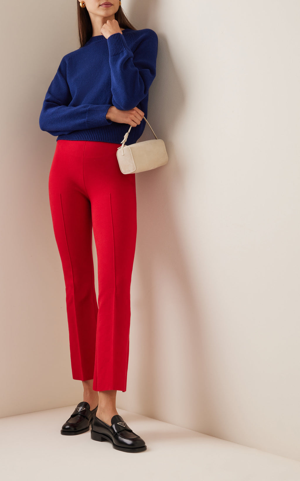 High Sport Kick Stretch-Cotton Knit Cropped Flared Pants
