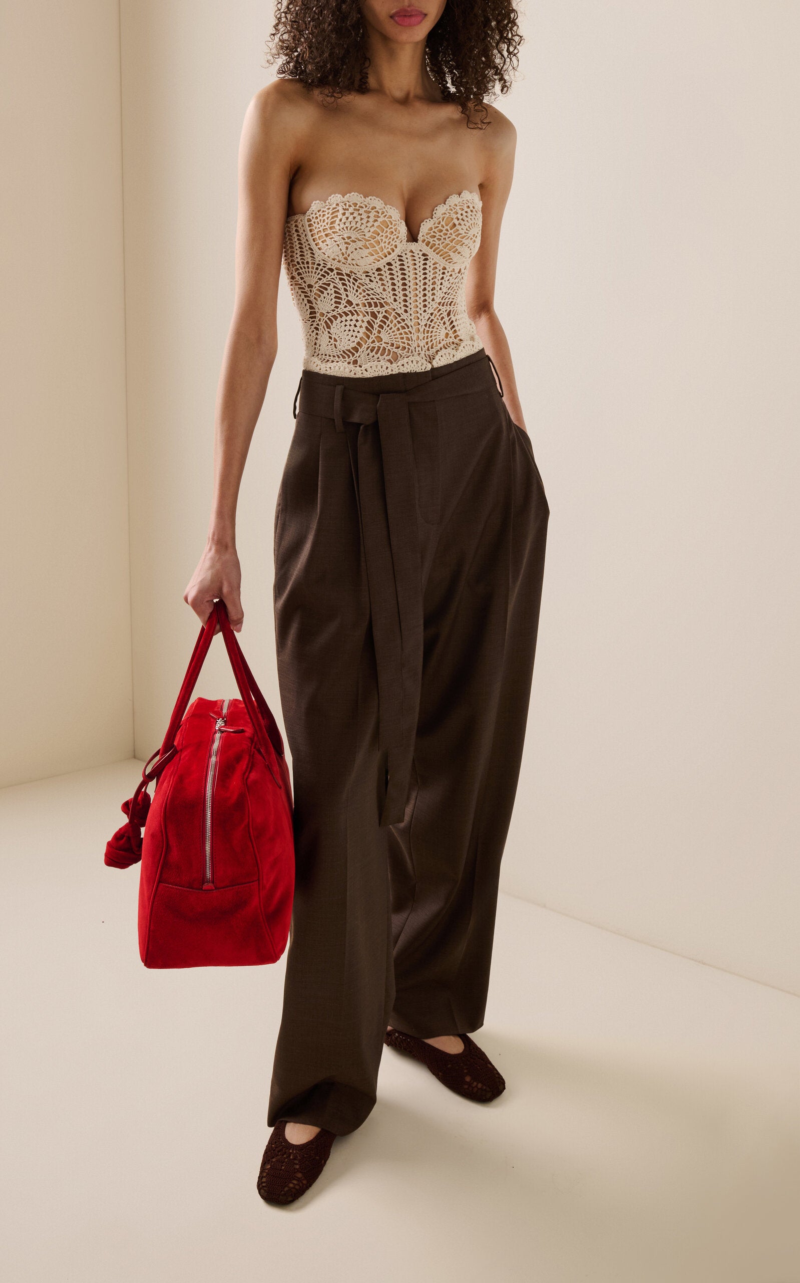Pantalon droit en laine à bordures en dentelle Magda Butrym