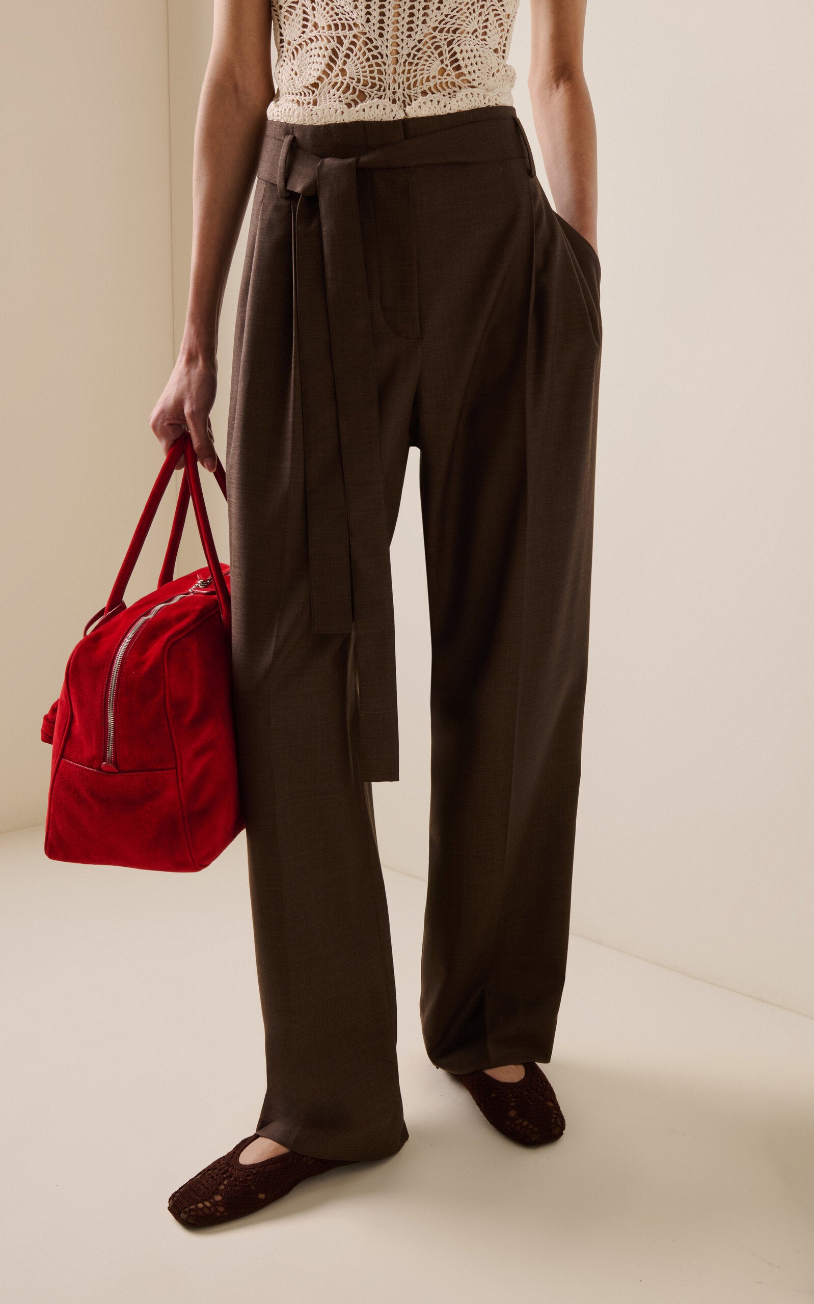 Pantalon droit en laine à bordures en dentelle Magda Butrym