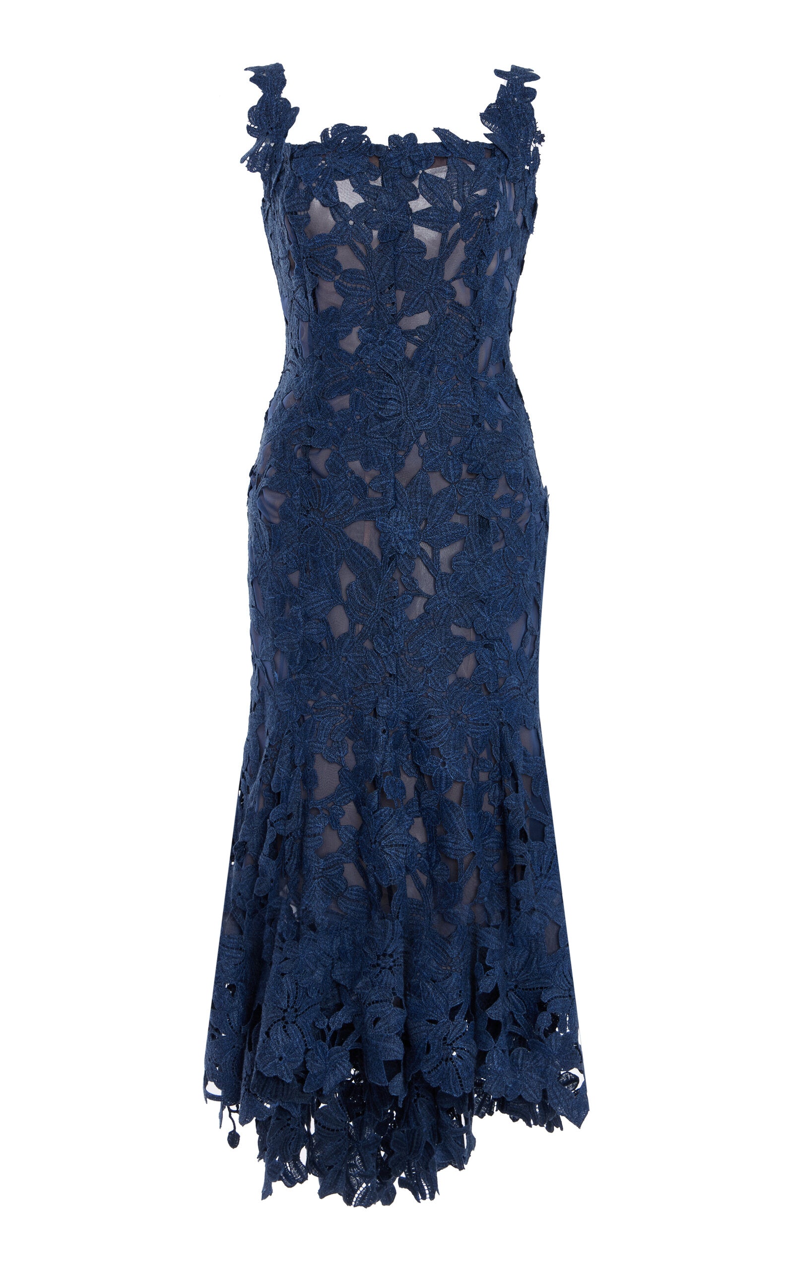 Oscar de la Renta Asymmetric Floral Guipure Midi Dress