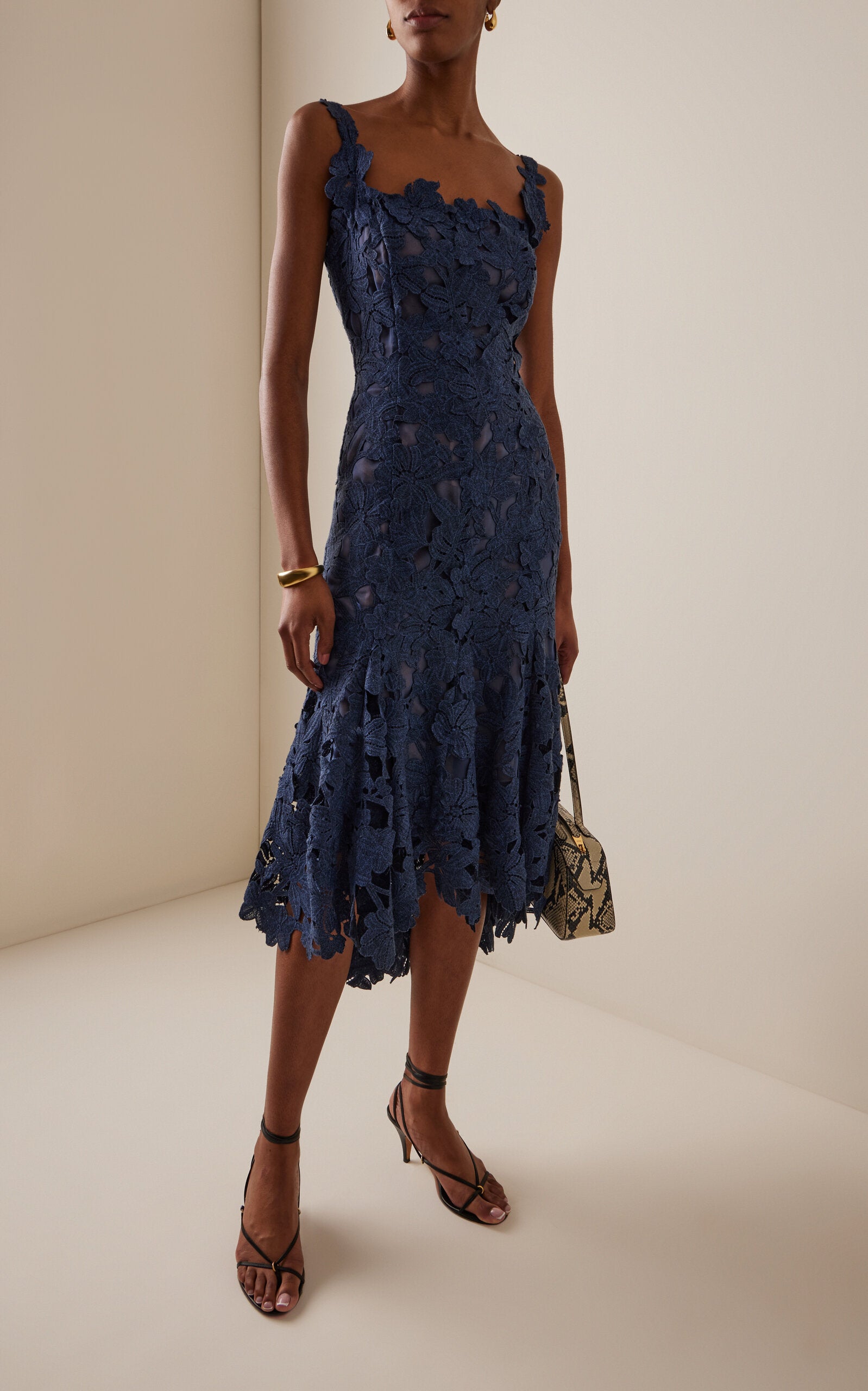 Oscar de la Renta Asymmetric Floral Guipure Midi Dress