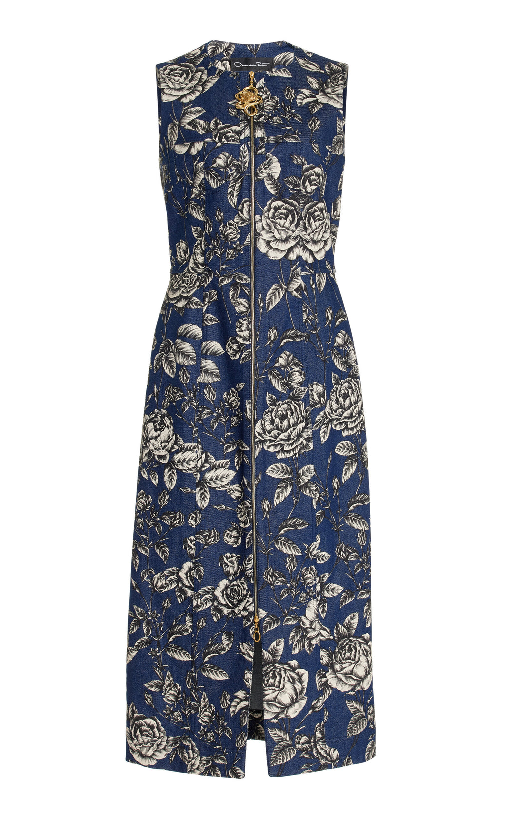 Oscar de la Renta Printed Stretch-Denim Midi Dress