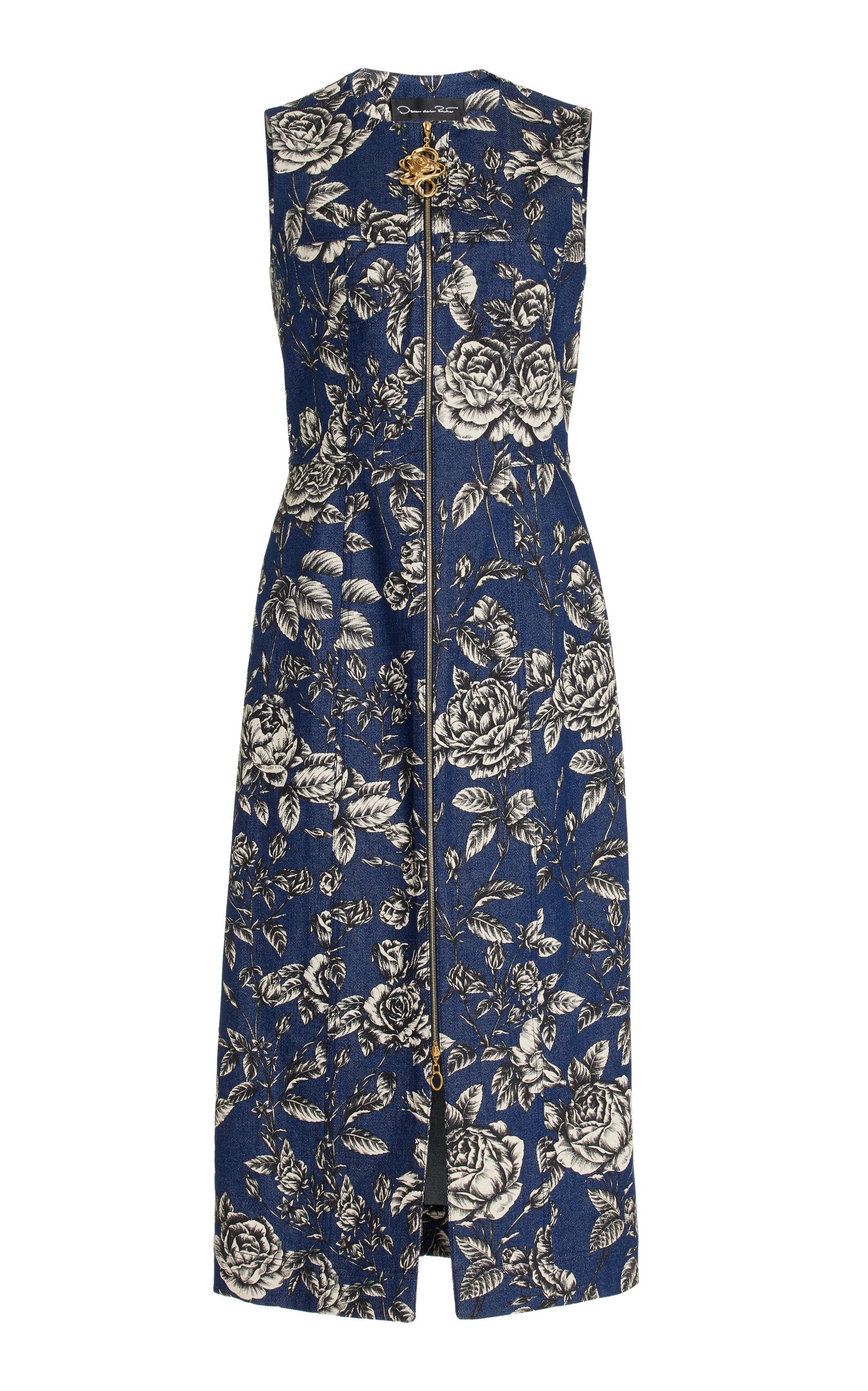 Oscar de la Renta Printed Stretch-Denim Midi Dress