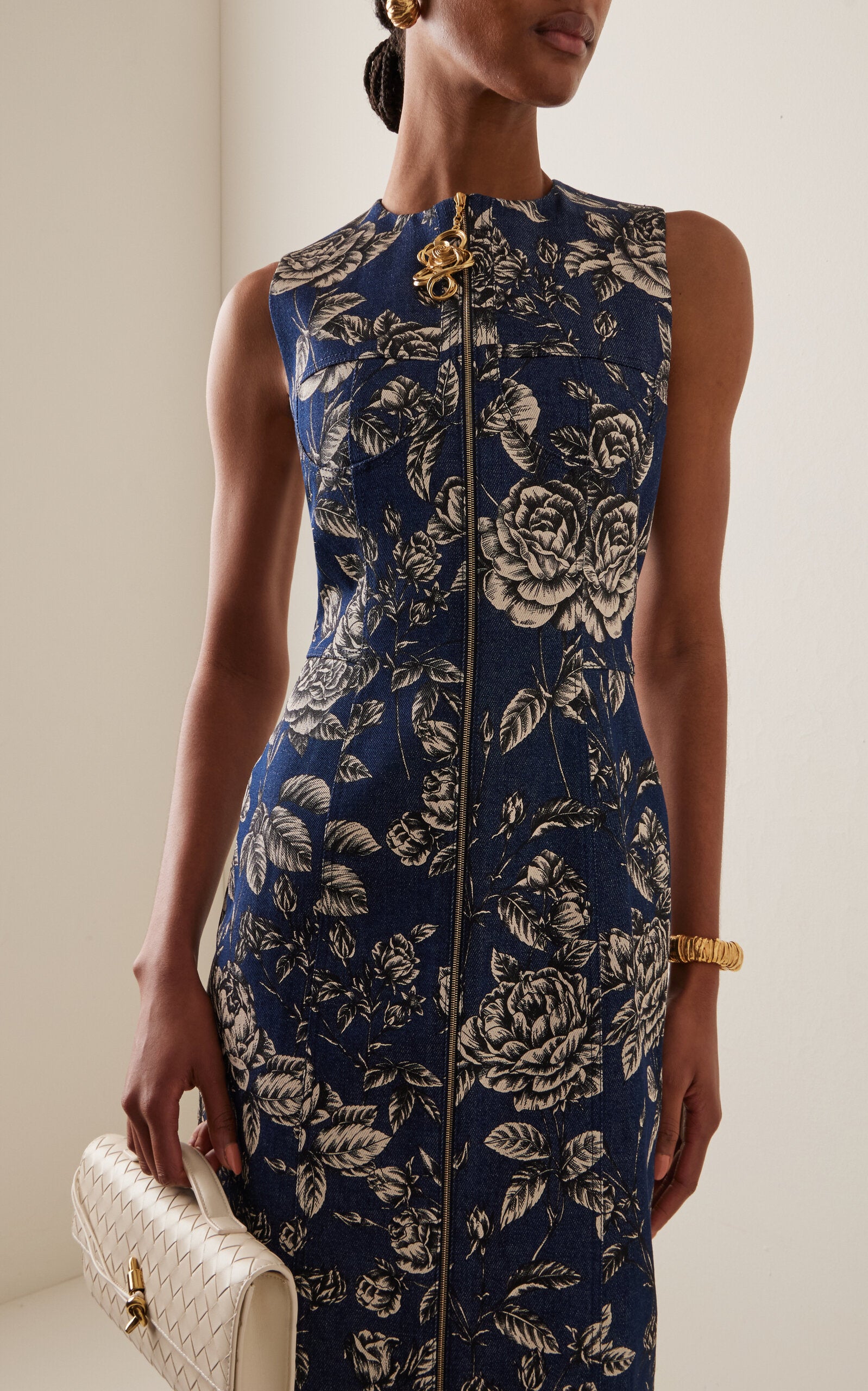 Oscar de la Renta Printed Stretch-Denim Midi Dress