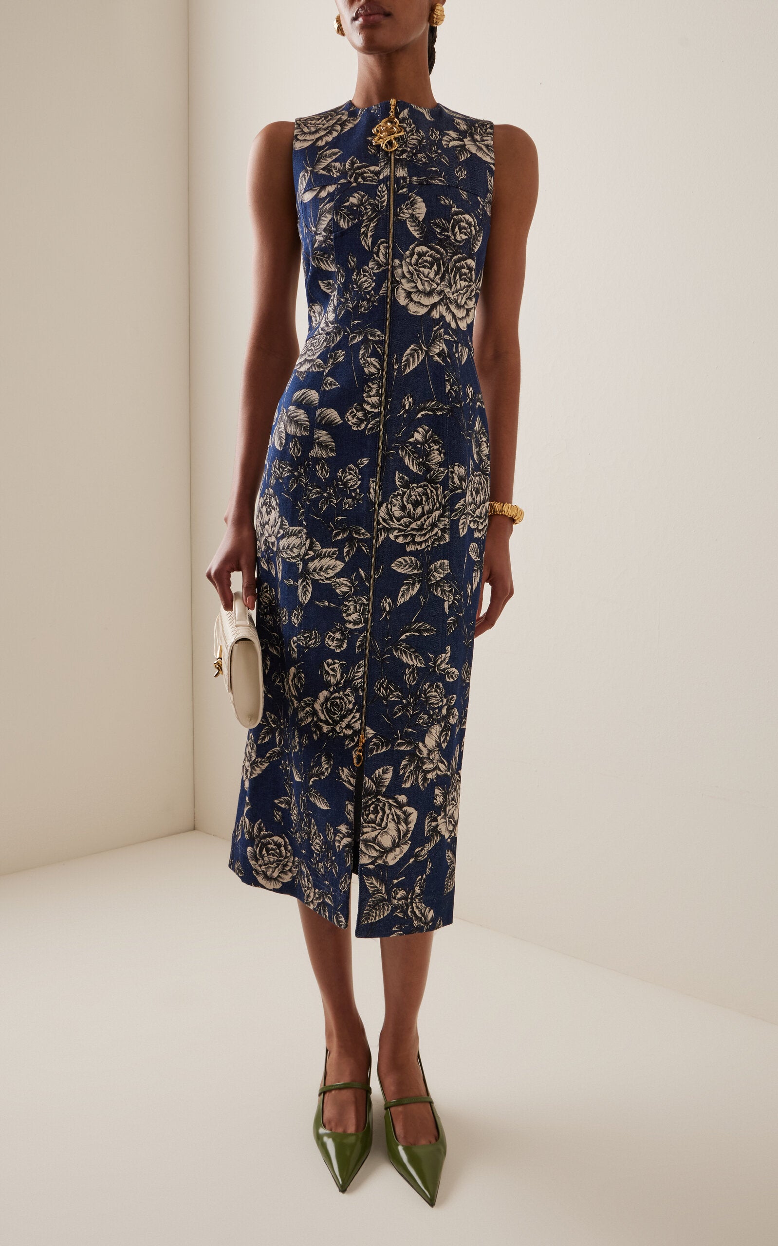 Oscar de la Renta Printed Stretch-Denim Midi Dress