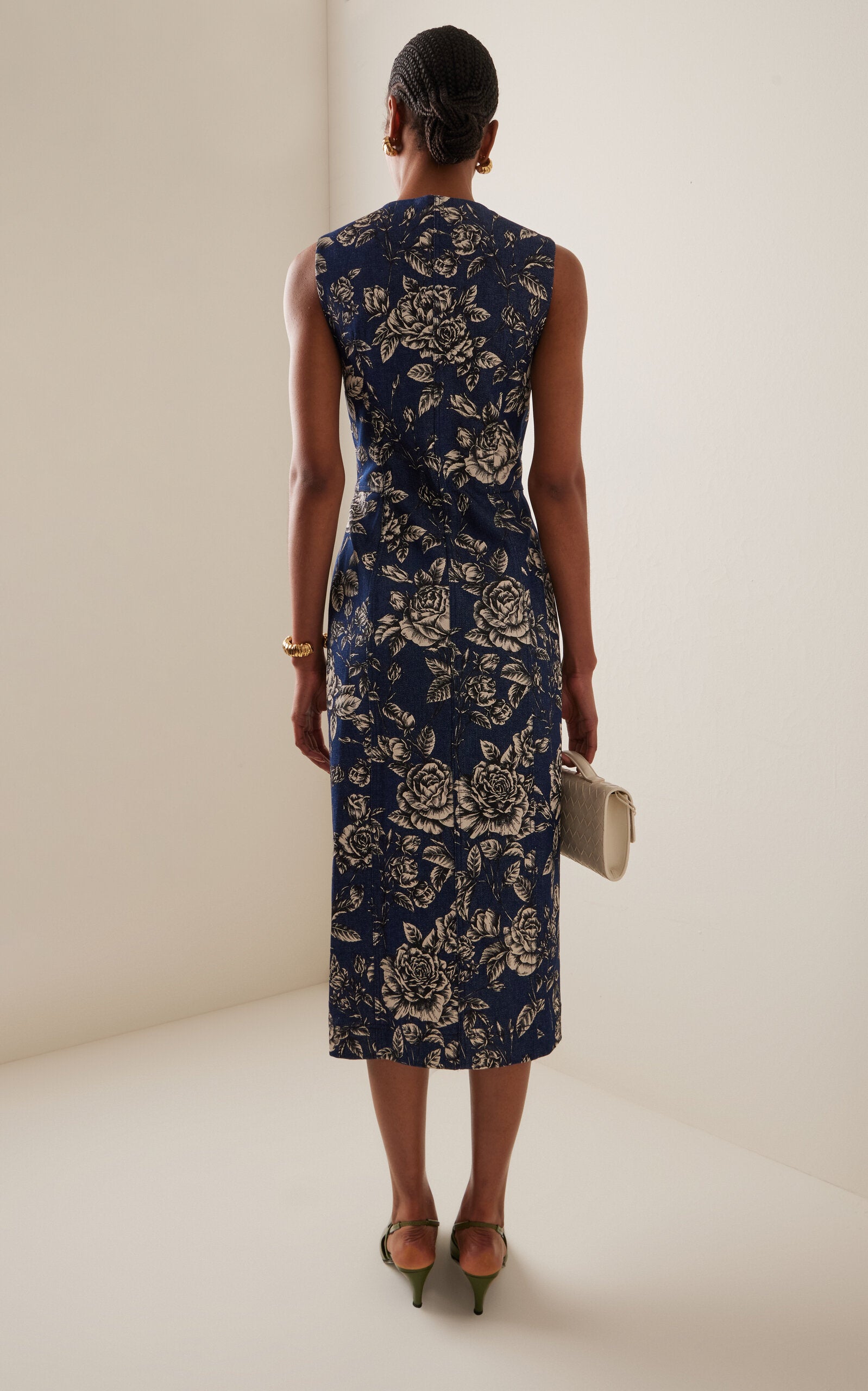 Oscar de la Renta Printed Stretch-Denim Midi Dress