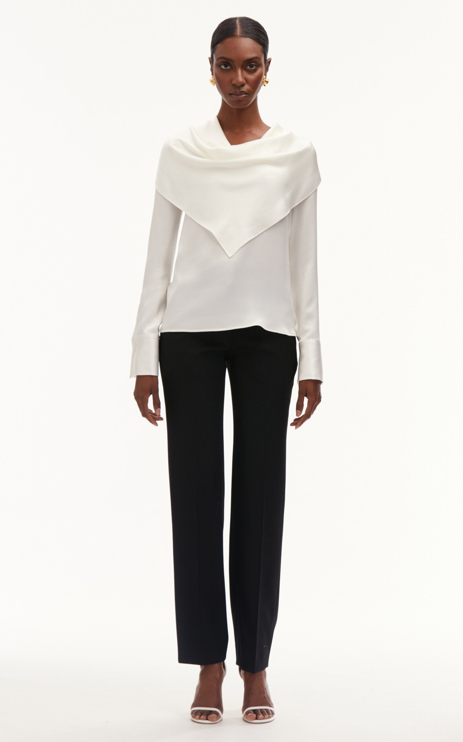 Oscar de la Renta Long Sleeve Jewel Button Detail Silk Satin Blouse