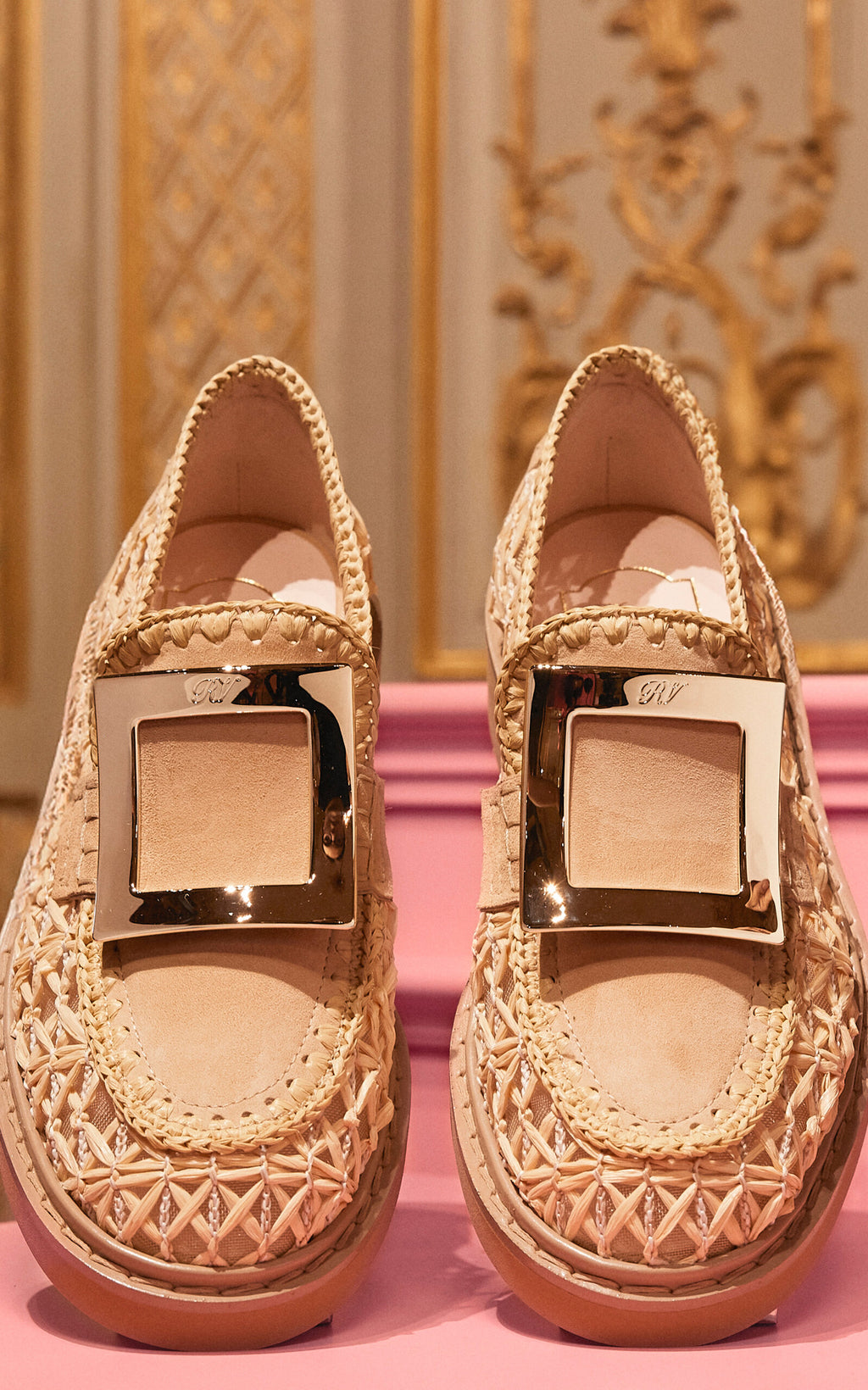 Roger Vivier Viv Rangers Leather-Trim Raffia Loafers