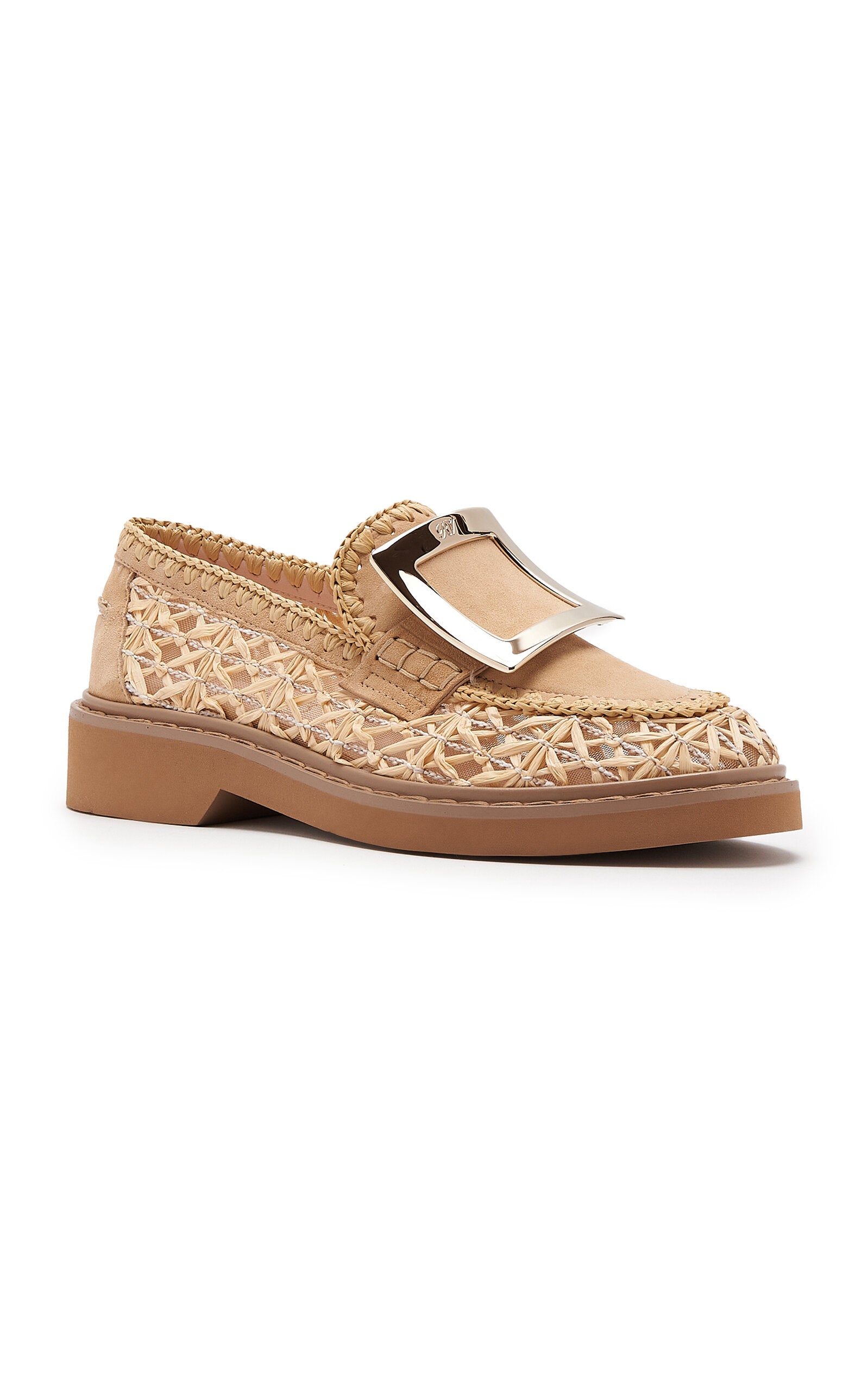 Roger Vivier Viv Rangers Leather-Trim Raffia Loafers