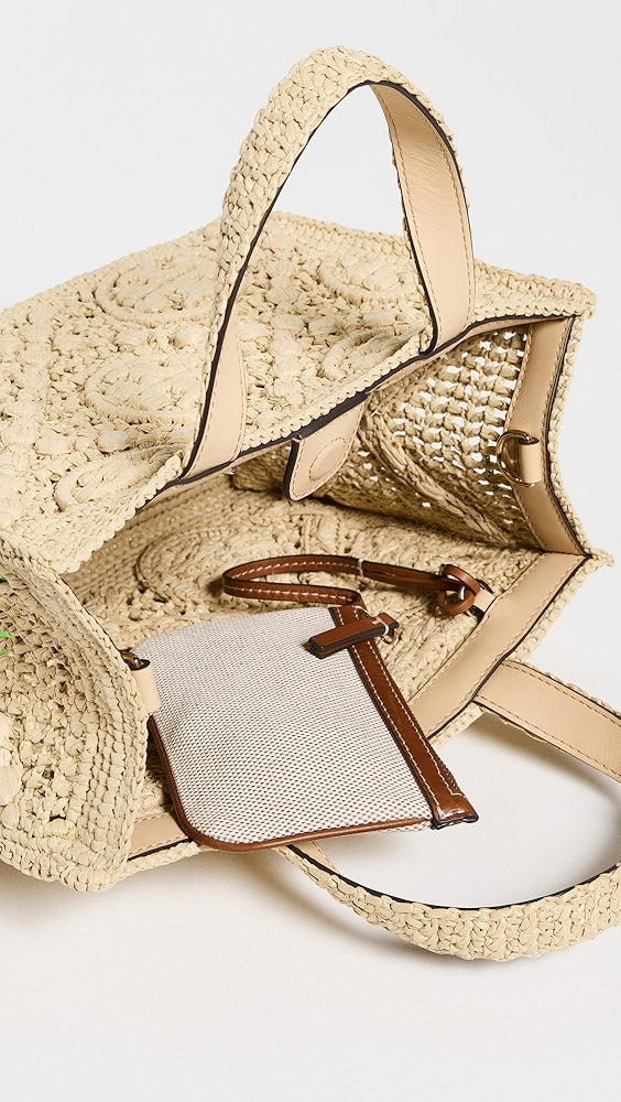 Sac fourre-tout carré en raphia Tory Burch T Monogram