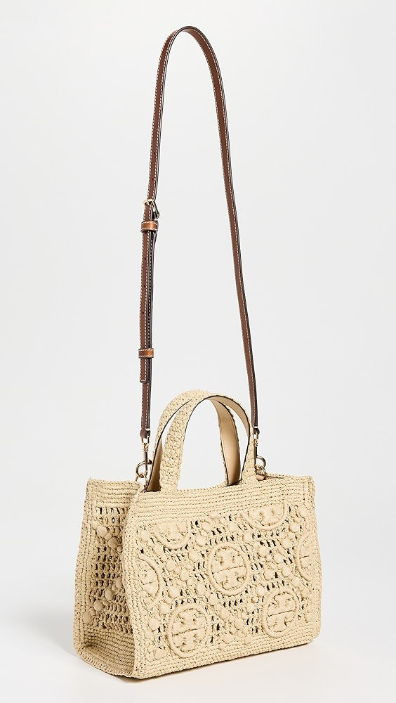 Sac fourre-tout carré en raphia Tory Burch T Monogram