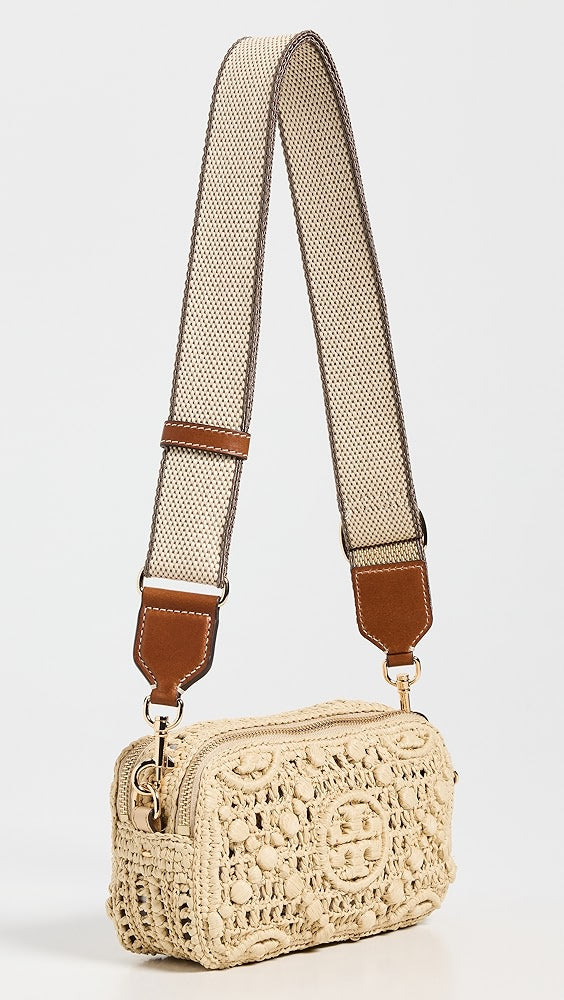 Mini sac bandoulière en raphia Tory Burch Miller T Monogram