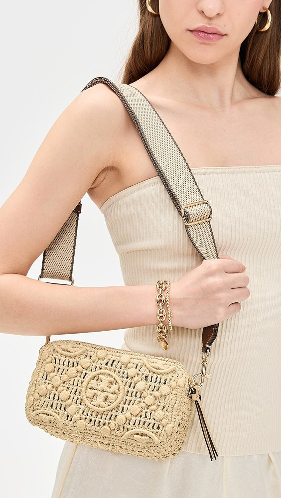 Mini sac bandoulière en raphia Tory Burch Miller T Monogram