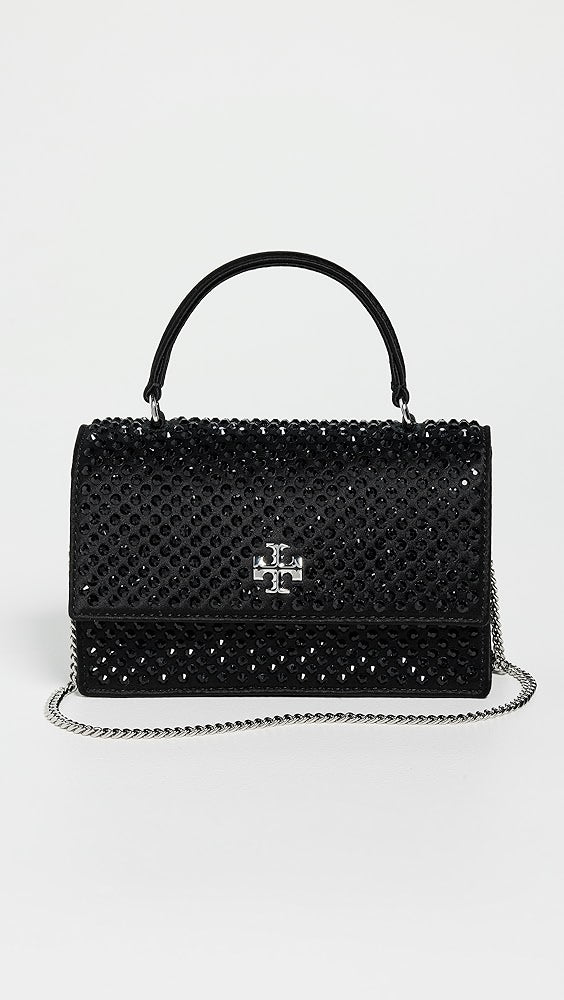 Portefeuille Tory Burch Kira en satin orné d'une mini poignée supérieure avec chaîne