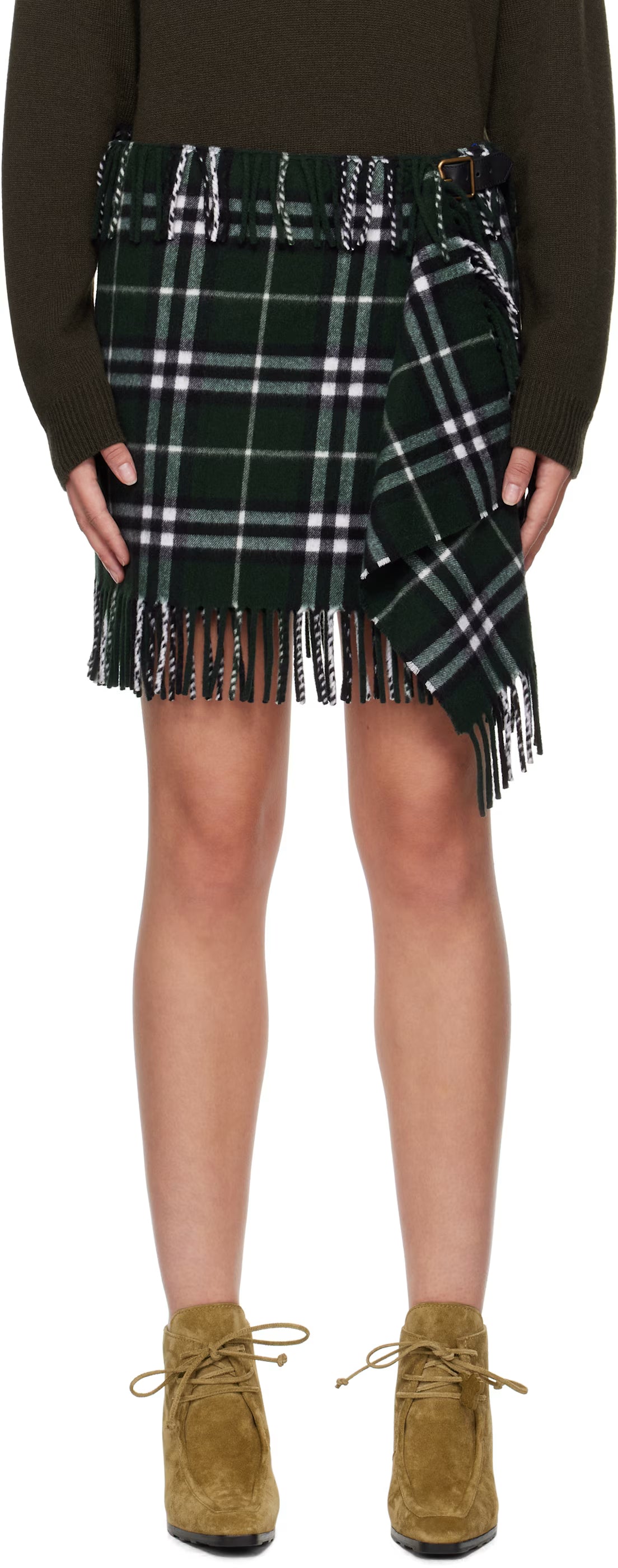 Mini-jupe écharpe en laine et cachemire à carreaux verts Burberry