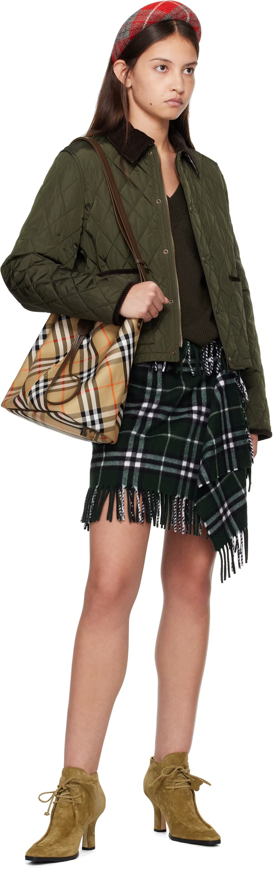 Mini-jupe écharpe en laine et cachemire à carreaux verts Burberry